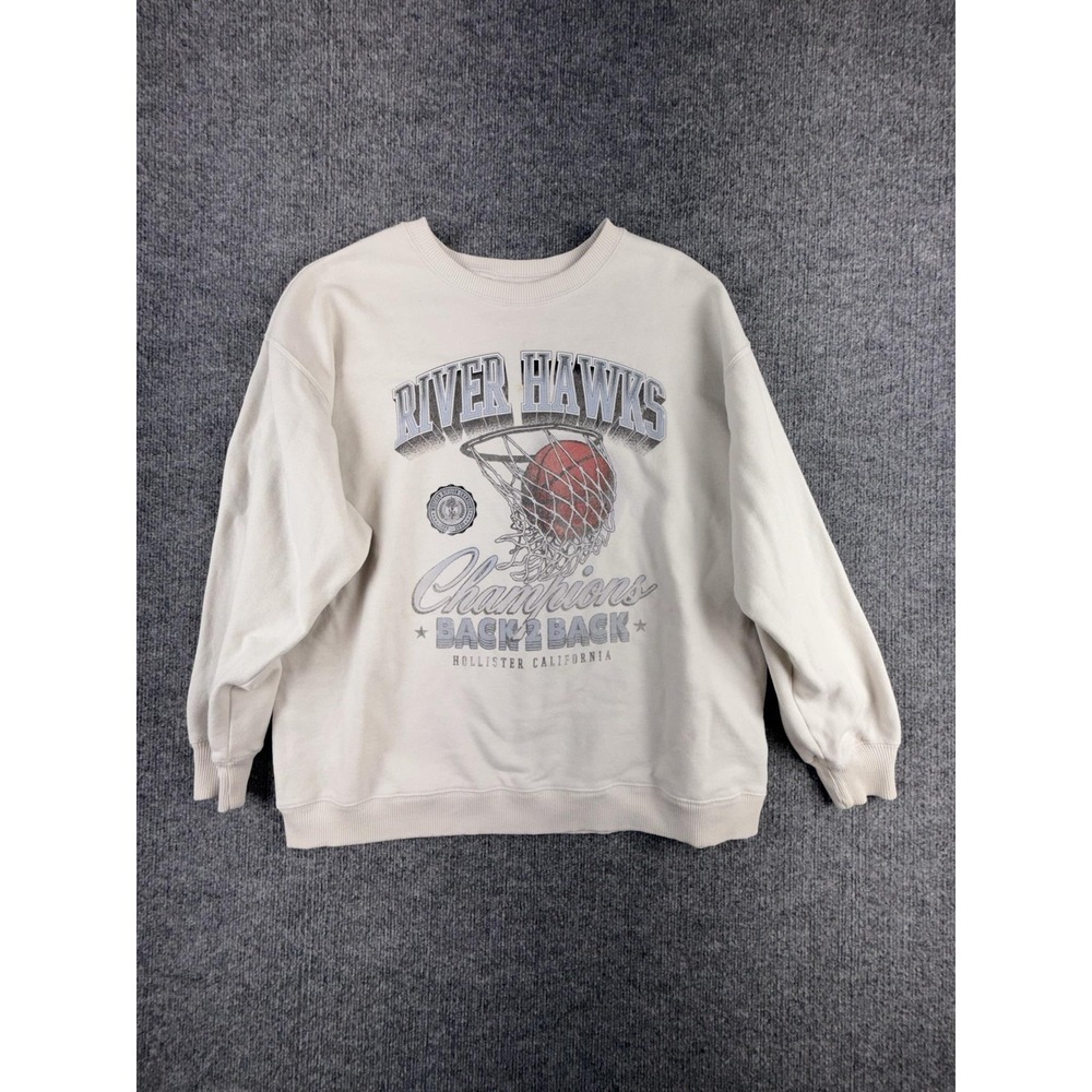 Y2K Hollister Sweatshirt Mens Large White River Hawks Basketball Fleece Graphic